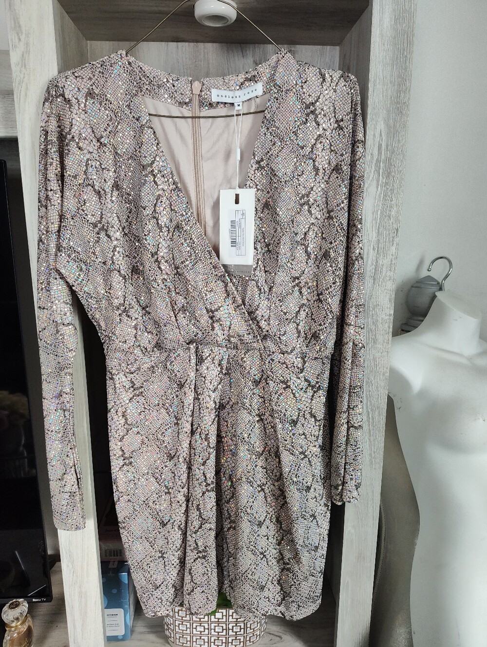 Endless rose Sparkling Snake Print Wrap Dress - Neutral Tones SZ M